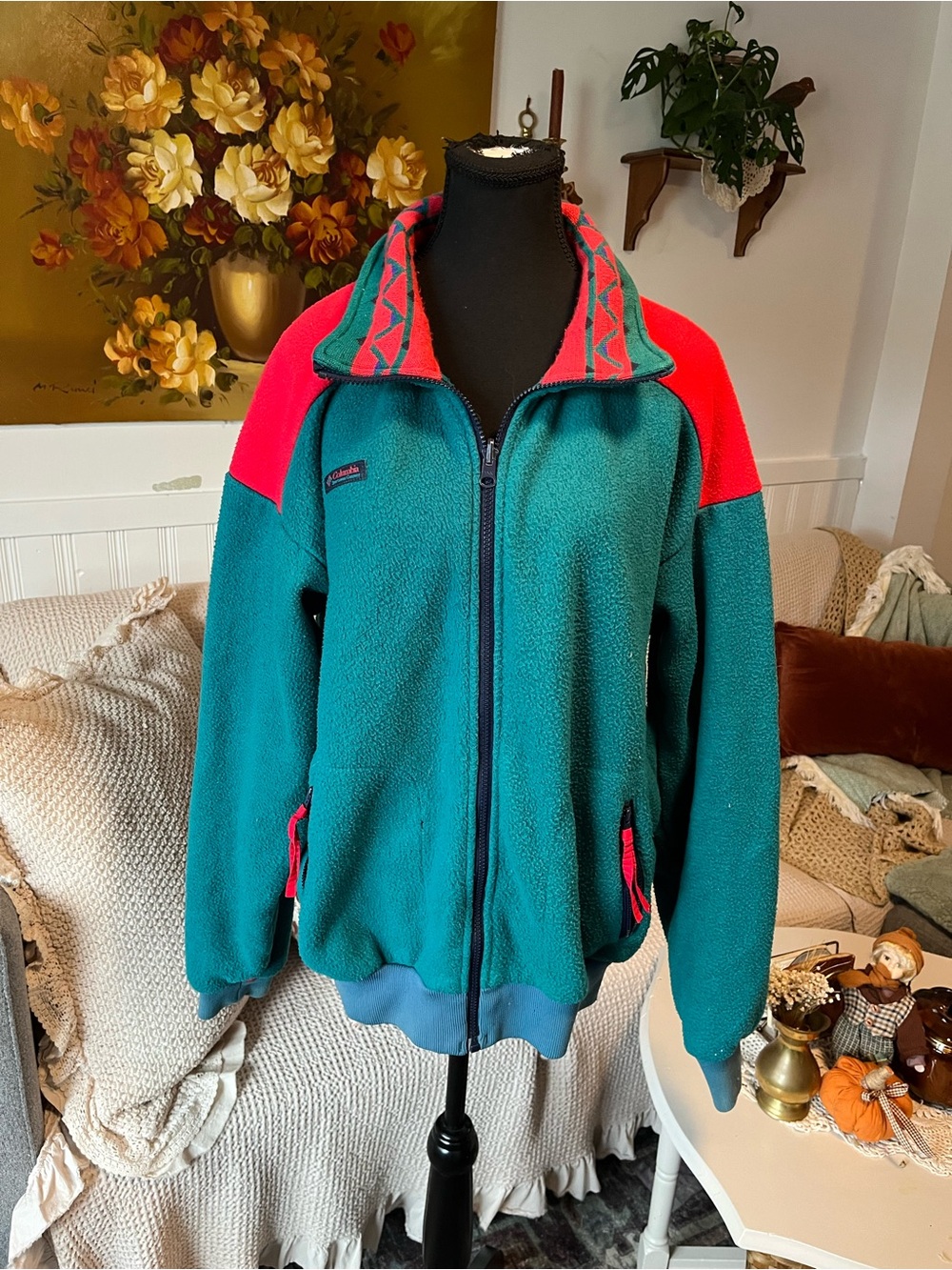 Mens Vintage Columbia Teal and Red Fleece Zip-Front Jacket - L
